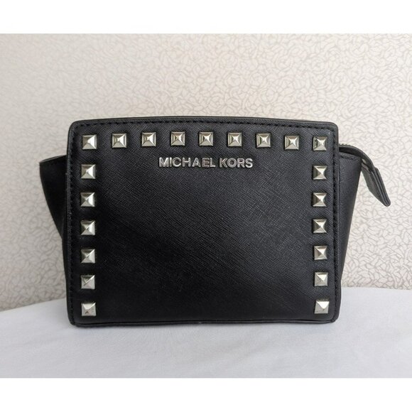 Michael Kors Small Saffiano Leather Studded Bag Black Silver NO CROSSBODY STRAP - Picture 1 of 12